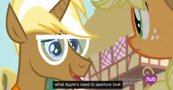 Size: 1600x830 | Tagged: safe, derpibooru import, screencap, applejack, trenderhoof, simple ways, hub logo, meme, youtube caption