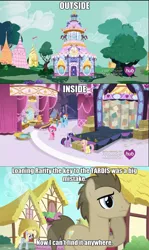 Size: 1091x1833 | Tagged: safe, derpibooru import, screencap, derpy hooves, doctor whooves, fluttershy, pinkie pie, rainbow dash, rarity, time turner, twilight sparkle, twilight sparkle (alicorn), alicorn, pegasus, pony, simple ways, carousel boutique, female, hay bale, image macro, mare, tardis