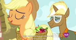 Size: 1152x609 | Tagged: safe, derpibooru import, screencap, applejack, trenderhoof, simple ways, apple, food, hub logo, meme, youtube caption