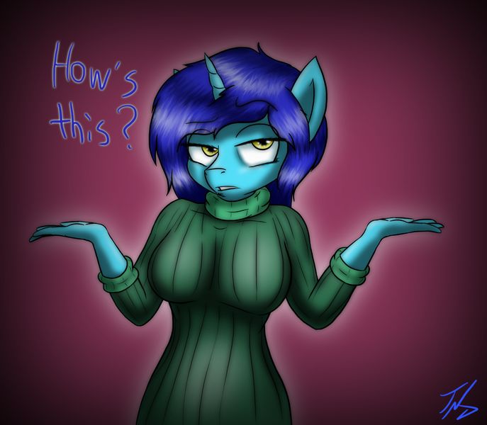 Size: 1075x939 | Tagged: safe, artist:tunderi, derpibooru import, oc, unofficial characters only, anthro, anthro oc, breasts, clothes, female, solo, sweater, turtleneck