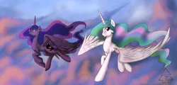 Size: 2400x1150 | Tagged: safe, artist:cat-cly, derpibooru import, princess celestia, princess luna, alicorn, pony, cloud, cloudy, duo, flying, sisters