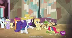 Size: 1152x609 | Tagged: apple bloom, derpibooru import, dinky hooves, hub logo, meme, noi, rarihick, rarity, safe, scootaloo, screencap, simple ways, sweetie belle, youtube caption