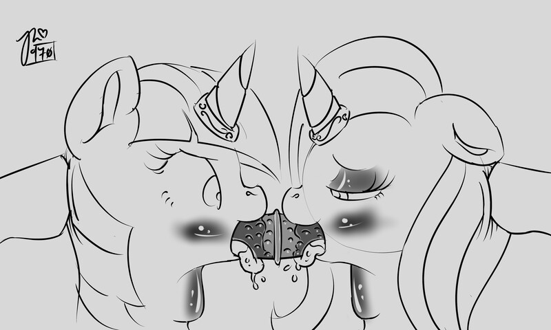 Size: 5000x3000 | Tagged: artist:stingray970, blushing, derpibooru import, dildo, disembodied hoof, double dildo deepthroat, doubleheaded dildo, drool, female, horn ring, lesbian, monochrome, questionable, sex toy, shipping, throat bulge, trixie, twilight sparkle, twixie