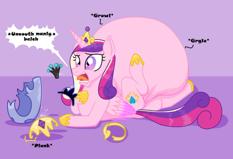 Size: 1280x875 | Tagged: questionable, artist:adlaz, derpibooru import, nightmare moon, princess cadance, princess celestia, princess luna, queen chrysalis, alicorn, pony, abdominal bulge, back twist, belly, burp, burping up items, crown, digestion, female, fetish, helmet, impossibly large belly, lovebutt, mare, multiple prey, necklace, plot, side, solo, solo female, stomach noise, tiara, vore