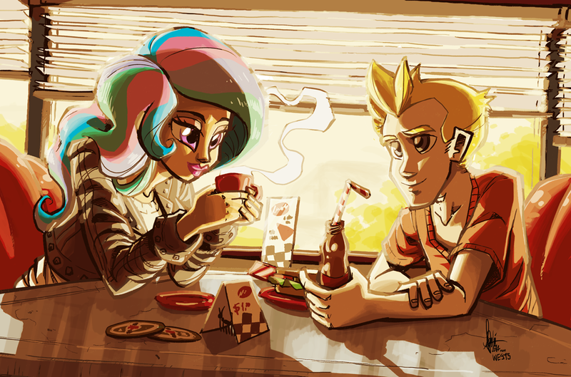 Size: 1000x661 | Tagged: 1950s, artist:theartrix, backlighting, biker, biker princess from equestria, clothes, derpibooru import, diner, human, humanized, leather jacket, light skin, oc, princess celestia, safe, soda, table, tea