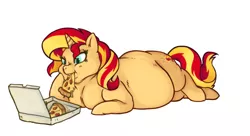 Size: 854x464 | Tagged: artist needed, safe, derpibooru import, sunset shimmer, pony, unicorn, chubby cheeks, double chin, eating, fat, female, food, mare, meat, obese, pepperoni, pepperoni pizza, pizza, pizza box, simple background, slobset shimmer, solo, white background