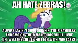 Size: 480x264 | Tagged: safe, deleted from derpibooru, derpibooru import, edit, edited screencap, screencap, rarity, unicorn, zebra, simple ways, caption, female, hat, image macro, mare, out of character, racism, rarihick, rarity is a racist bitch, solo, straw hat, zebras as black people stereotype