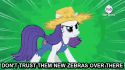Size: 480x268 | Tagged: safe, derpibooru import, edit, edited screencap, screencap, rarity, pony, unicorn, simple ways, animated, caption, derp, faic, farmfilly, female, hat, hub logo, hubble, image macro, mare, out of character, overalls, racism, rarihick, solo, straw hat, the boondocks, the hub