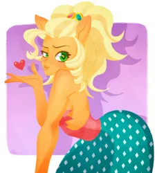 Size: 850x938 | Tagged: anthro, applejack, applejewel, artist:qpqp, bedroom eyes, blowing a kiss, breasts, clothes, derpibooru import, dress, female, freckles, heart, human facial structure, looking at you, simple ways, solo, solo female, suggestive