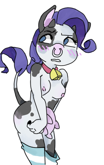 Size: 342x542 | Tagged: anthro, artist:meowing-ghost, blushing, breasts, breasts plus udder, cow, derpibooru import, female, nipples, nudity, questionable, raricow, rarity, solo, solo female, species swap, udder