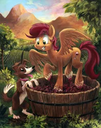 Size: 612x777 | Tagged: safe, artist:kenket, artist:spainfischer, derpibooru import, oc, unofficial characters only, dog, grapes, grape stomping, orchard, scenery, wine, working