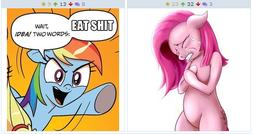 Size: 514x273 | Tagged: applejack, derpibooru, derpibooru import, exploitable meme, juxtaposition, juxtaposition win, meme, meta, pinkie pie, rainbow dash, semi-grimdark, two words meme, vulgar