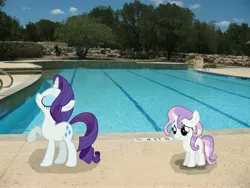 Size: 3264x2448 | Tagged: artist:calicochris, artist:rhubarb-leaf, artist:thehellbean, derpibooru import, human, irl, photo, ponies in real life, rarity, safe, shadow, sweetie belle, swimming pool, tree, vector, wet mane