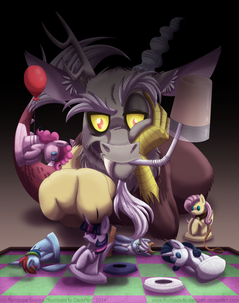 Size: 900x1139 | Tagged: safe, artist:inuhoshi-to-darkpen, derpibooru import, applejack, discord, fluttershy, pinkie pie, rainbow dash, rarity, twilight sparkle, twilight sparkle (alicorn), alicorn, pony, balloon, chocolate milk, drinking straw, drinking through a straw, female, in goliath's palm, mane six, mare, tabletop game