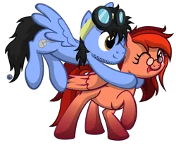 Size: 3646x3000 | Tagged: safe, artist:template93, derpibooru import, oc, oc:lynn, oc:neo miles, unofficial characters only, pegasus, pony, commission, cute, flying, glasses, goggles, hug, open mouth, raised hoof, simple background, smiling, spread wings, stubble, transparent background, vector, wink