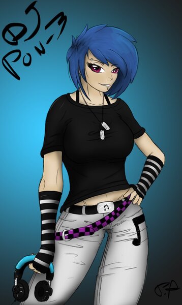 Size: 690x1157 | Tagged: safe, artist:ninjapony, derpibooru import, vinyl scratch, human, humanized, light skin, solo