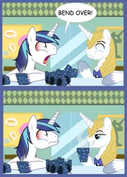 Size: 1069x1486 | Tagged: safe, derpibooru import, edit, prince blueblood, shining armor, bend over, exploitable meme, gay, joke, male, meme, screaming armor 2: the fall of blueblood, shiningblood