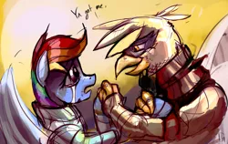 Size: 2984x1888 | Tagged: safe, artist:dimfann, derpibooru import, gilda, rainbow dash, gryphon, pegasus, pony, armor, beak, crying, dialogue, encouragement, female, holding hands, holding hooves, image, lidded eyes, looking at each other, mare, open beak, open mouth, png, sad, spread wings, wings