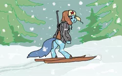 Size: 1019x635 | Tagged: safe, artist:wizik, derpibooru import, oc, unofficial characters only, pony, bipedal, clothes, gun, hat, skiing, sochi 2014, solo, ushanka