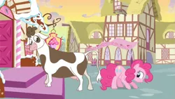 Size: 853x480 | Tagged: safe, derpibooru import, screencap, daisy jo, pinkie pie, cow, earth pony, pony, a friend in deed, cloven hooves, female, mare, out of context, udder