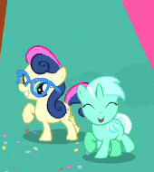 Size: 170x190 | Tagged: adorabon, animated, best friends, bon bon, cute, dancing, derpibooru import, eyes closed, female, filly, filly lyra, friendshipping, glasses, grin, happy, lyrabetes, lyra heartstrings, pinkie pride, ponies standing next to each other, raised hoof, raised leg, safe, screencap, smiling, sweetie drops, twisted bon bon, weapons-grade cute, younger