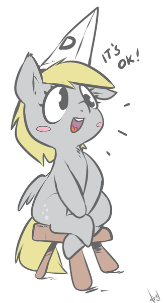 Size: 540x1000 | Tagged: safe, artist:atryl, derpibooru import, derpy hooves, pegasus, pony, cute, derpabetes, dunce hat, female, hat, mare, open mouth, sitting, smiling, solo, stool