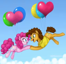 Size: 906x882 | Tagged: safe, artist:mn27, derpibooru import, cheese sandwich, pinkie pie, pinkie pride, balloon, cheesepie, eye contact, female, floating, holding hooves, male, open mouth, shipping, sky, smiling, straight, then watch her balloons lift her up to the sky