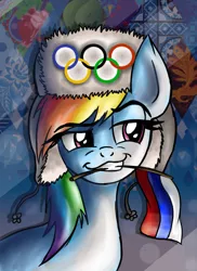 Size: 558x768 | Tagged: artist needed, derpibooru import, flag, mouth hold, olympic rings, olympics, rainbow dash, russian, safe, smugdash, sochi 2014, solo