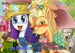 Size: 2121x1500 | Tagged: safe, artist:vavacung, derpibooru import, applejack, rarity, spike, trenderhoof, twilight sparkle, simple ways, :d, applejewel, blushing, clothes, covering, dress, embarrassed, female, hat, interview, lesbian, magic, meme, microphone, observer, open mouth, rarihick, rarijack, shipping, smiling, special feeling, stoned, straw hat, subtitles, surprised, umbrella