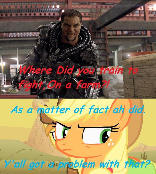 Size: 761x847 | Tagged: app-el, applejack, braeburn, derpibooru import, general zod, man of steel, meme, michael shannon, safe, superman