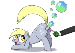 Size: 500x353 | Tagged: safe, artist:catfood-mcfly, derpibooru import, derpy hooves, oc, oc:anon, pegasus, pony, blowing bubbles, bubble, fart, farting bubbles, female, mare