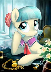 Size: 636x900 | Tagged: safe, artist:yulyeen, derpibooru import, coco pommel, earth pony, pony, chains, chair, female, flower, leaning, looking at you, mare, necklace, portrait, pretty, scissors, solo, spool