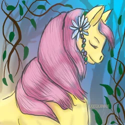 Size: 800x800 | Tagged: safe, artist:paxequinas, derpibooru import, fluttershy, pony, blue, day, female, flower, forest, mare, nature, pink, plants, solo, yellow