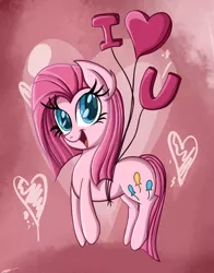 Size: 980x1249 | Tagged: safe, artist:daniel-sg, derpibooru import, pinkie pie, earth pony, pony, balloon, cute, cuteamena, floating, happy, heart, i love you, looking at you, pinkamena diane pie, smiling, solo, then watch her balloons lift her up to the sky