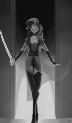 Size: 1851x3159 | Tagged: artist:polyle, derpibooru import, grayscale, human, humanized, monochrome, neo noir, partial color, rarity, safe, sword, weapon