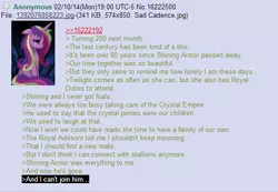 Size: 536x371 | Tagged: 4chan, derpibooru import, feels, greentext, hilarious in hindsight, immortality blues, /mlp/, princess cadance, sad, safe, text, where are they now