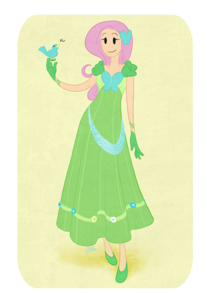 Size: 905x1280 | Tagged: safe, artist:artbydana, derpibooru import, fluttershy, bird, human, clothes, dress, humanized, light skin, solo