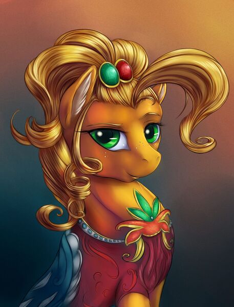 Size: 1056x1386 | Tagged: applejack, applejewel, artist:viwrastupr, derpibooru import, ear fluff, freckles, looking at you, portrait, safe, simple ways, sitting, smiling, solo