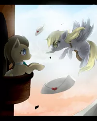 Size: 1285x1598 | Tagged: safe, artist:w-lanier, derpibooru import, derpy hooves, doctor whooves, time turner, pegasus, pony, backlighting, balcony, blushing, doctorderpy, eye contact, female, flying, letter, male, mare, mouth hold, shipping, straight, working