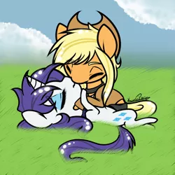 Size: 800x800 | Tagged: safe, artist:rainbowdrool, derpibooru import, applejack, rarity, ask sexy applejack, chibi, female, lesbian, rarijack, shipping