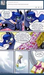 Size: 600x1023 | Tagged: safe, artist:johnjoseco, derpibooru import, derpy hooves, princess luna, pegasus, pony, ask gaming princess luna, candy, chocolate, cloud, cloudy, comic, female, food, hearts and hooves day, letter, love letter, mare, present, tumblr, valentine, wheel