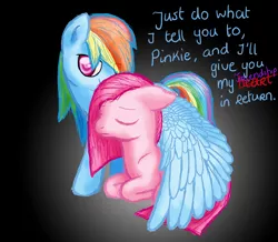 Size: 2606x2269 | Tagged: safe, artist:kristelpokemonfan, derpibooru import, pinkie pie, rainbow dash, eyes closed, female, friendzone, frown, hug, lesbian, looking at you, pinkadash, pinkamena diane pie, pinkiedash, prone, shipping, smiling, smirk, winghug