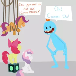 Size: 800x800 | Tagged: safe, artist:elslowmo, derpibooru import, apple bloom, scootaloo, sweetie belle, earth pony, pegasus, pony, unicorn, crossover, cutie mark crusaders, meeseeks and destroy, mr. meeseeks, rick and morty, this will end in tears, this will end in tears and/or death and/or covered in tree sap, tree sap and pine needles, xk-class end-of-the-world scenario