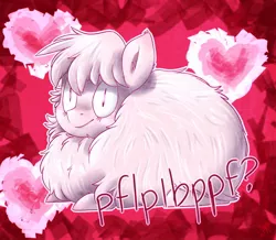Size: 1280x1117 | Tagged: safe, artist:lizzyoli-ravioli, derpibooru import, oc, oc:fluffle puff, unofficial characters only, pony, abstract background, creepy, creepy smile, heart, holiday, prone, shrunken pupils, smiling, solo, valentine, valentine's day, wide eyes