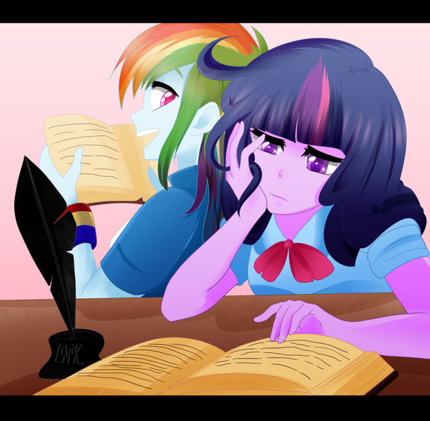 Size: 900x882 | Tagged: safe, artist:chokico, derpibooru import, rainbow dash, twilight sparkle, equestria girls, book, bored, reading