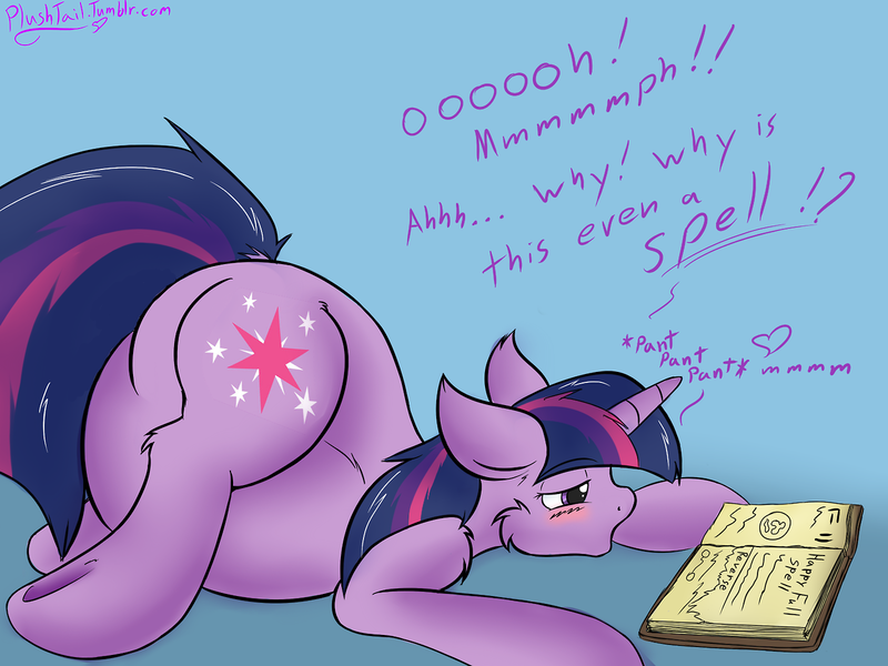 Size: 1280x960 | Tagged: artist:plushtail, belly, blushing, book, cum inflation, derpibooru import, edit, explicit source, female, inflation, questionable, solo, solo female, spell, twilight sparkle