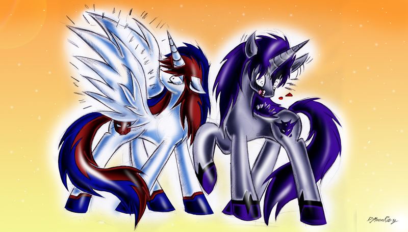 Size: 3327x1896 | Tagged: safe, artist:djmoonray, derpibooru import, ponified, alicorn, pony, alicornified, digital art, megatron, optimus prime, transformers, transformers prime