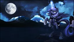 Size: 1920x1080 | Tagged: safe, artist:mackaged, artist:ponykillerx, artist:vipeydashie, derpibooru import, princess luna, alicorn, pony, bipedal, looking up, magic, moon, rearing, s1 luna, scenery, solo, wallpaper