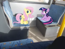 Size: 3648x2736 | Tagged: artist:glitchking123, artist:hundebleonidasx, artist:silentmatten, bus, derpibooru import, fluttershy, irl, photo, ponies in real life, safe, seat, shadow, sitting, twilight sparkle, vector