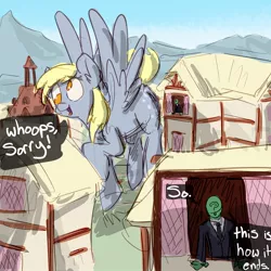 Size: 1280x1282 | Tagged: safe, artist:nobody, derpibooru import, derpy hooves, oc, oc:anon, human, pegasus, pony, comic, giant derpy hooves, giant pegasus, giant pony, giantess, hilarious in hindsight, macro, size difference, xk-class end-of-the-world scenario